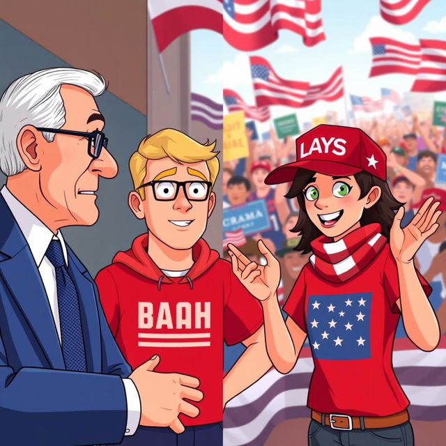 A vibrant animated split-screen interview featuring an older male Canadian interviewer and two young enthusiastic American MAGA supporters