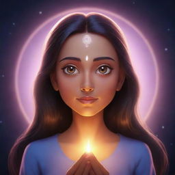 A cartoon female character emanating a glow that suggests spiritual powers. She has an aura of tranquility and depth, with eyes that shine with wisdom. The background is mystic, complementing her powers.