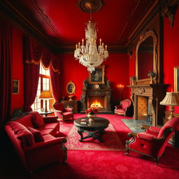 A dramatic red room elegantly decorated with luxurious red velvet curtains and plush red carpets