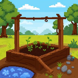 A pixel art depiction of a primitive garden bed, featuring simple and basic gardening elements like a wooden frame filled with soil, small plants sprouting from the soil, and primitive gardening tools like a stick and stones