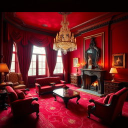 A dramatic red room elegantly decorated with luxurious red velvet curtains and plush red carpets