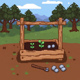 A pixel art depiction of a primitive garden bed, featuring simple and basic gardening elements like a wooden frame filled with soil, small plants sprouting from the soil, and primitive gardening tools like a stick and stones