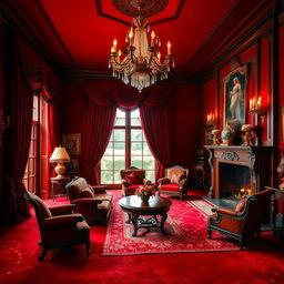 A dramatic red room elegantly decorated with luxurious red velvet curtains and plush red carpets