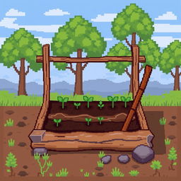 A pixel art depiction of a primitive garden bed, featuring simple and basic gardening elements like a wooden frame filled with soil, small plants sprouting from the soil, and primitive gardening tools like a stick and stones