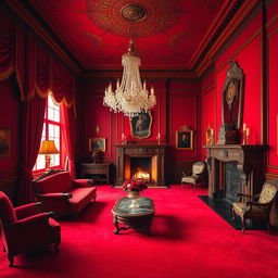 A dramatic red room elegantly decorated with luxurious red velvet curtains and plush red carpets