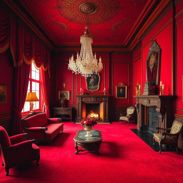 A dramatic red room elegantly decorated with luxurious red velvet curtains and plush red carpets