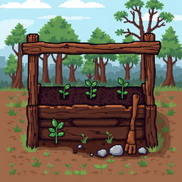 A pixel art depiction of a primitive garden bed, featuring simple and basic gardening elements like a wooden frame filled with soil, small plants sprouting from the soil, and primitive gardening tools like a stick and stones