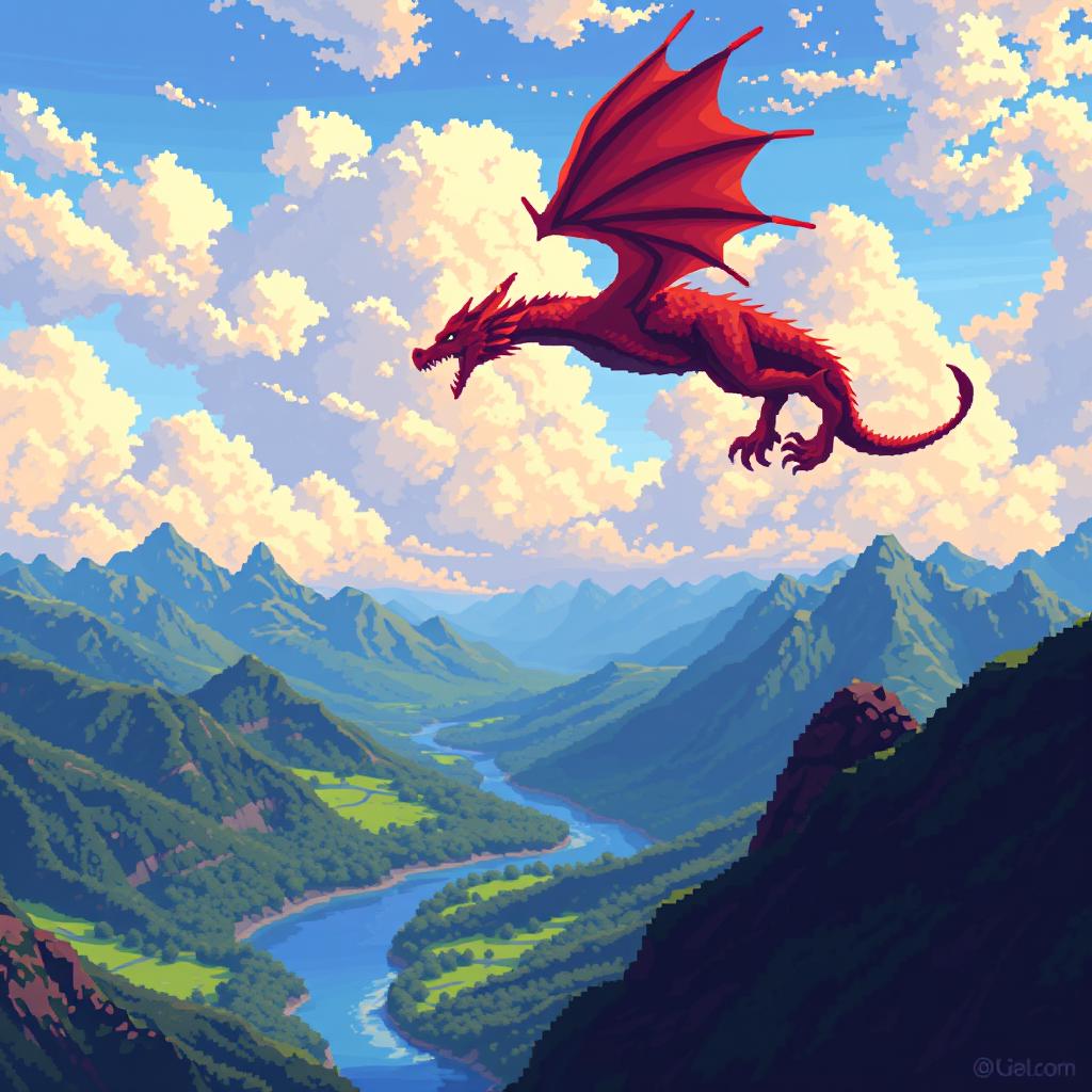 A breathtaking pixel art landscape featuring a majestic dragon soaring through the sky, with vibrant colors and intricate pixel details across a 20x20 canvas