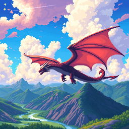 A breathtaking pixel art landscape featuring a majestic dragon soaring through the sky, with vibrant colors and intricate pixel details across a 20x20 canvas