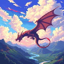 A breathtaking pixel art landscape featuring a majestic dragon soaring through the sky, with vibrant colors and intricate pixel details across a 20x20 canvas