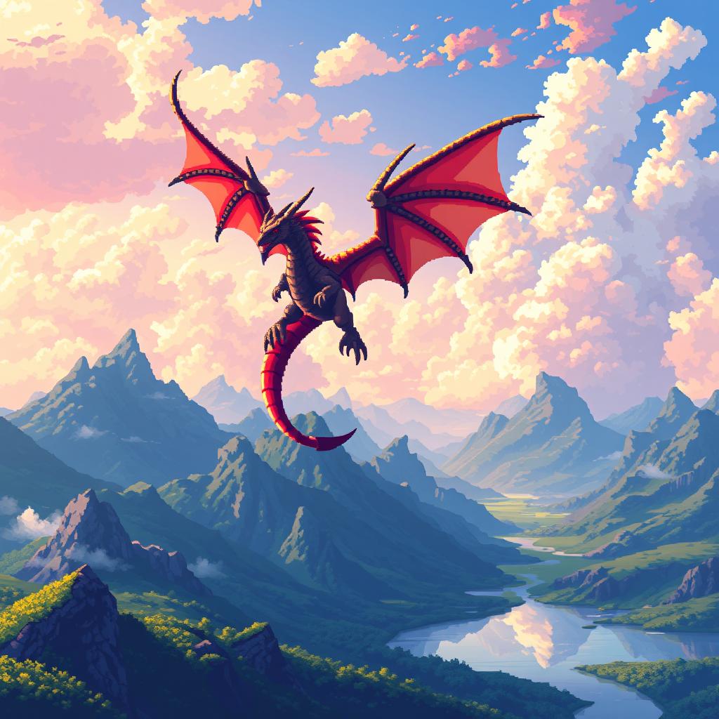 A breathtaking pixel art landscape featuring a majestic dragon soaring through the sky, with vibrant colors and intricate pixel details across a 20x20 canvas