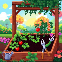 A pixel art illustration of an enhanced garden bed, showcasing advanced gardening elements like a raised wooden frame filled with rich, dark soil, and a variety of flourishing plants such as tomatoes, cucumbers, and flowers