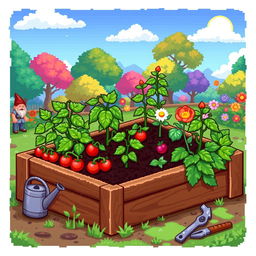 A pixel art illustration of an enhanced garden bed, showcasing advanced gardening elements like a raised wooden frame filled with rich, dark soil, and a variety of flourishing plants such as tomatoes, cucumbers, and flowers