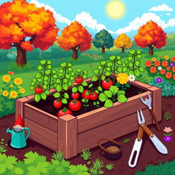 A pixel art illustration of an enhanced garden bed, showcasing advanced gardening elements like a raised wooden frame filled with rich, dark soil, and a variety of flourishing plants such as tomatoes, cucumbers, and flowers