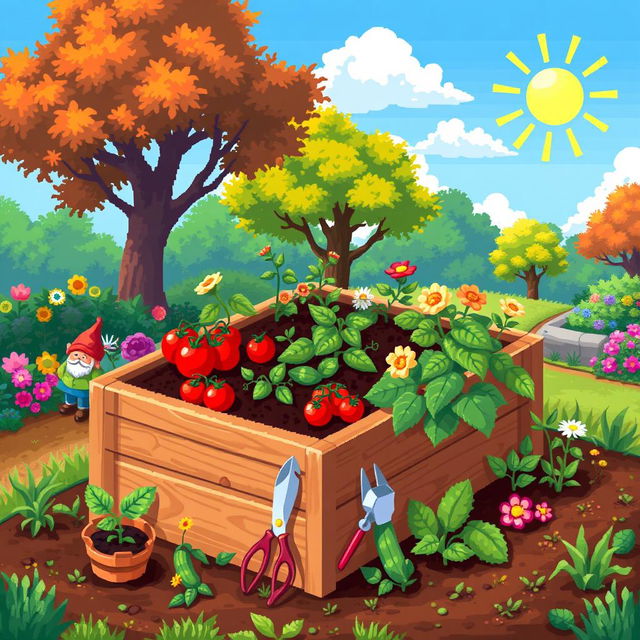 A pixel art illustration of an enhanced garden bed, showcasing advanced gardening elements like a raised wooden frame filled with rich, dark soil, and a variety of flourishing plants such as tomatoes, cucumbers, and flowers