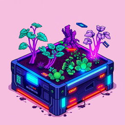 A pixel art representation of a cyberpunk garden bed, showcasing futuristic gardening elements like a high-tech raised bed with glowing neon lights and digital interfaces embedded into the sides