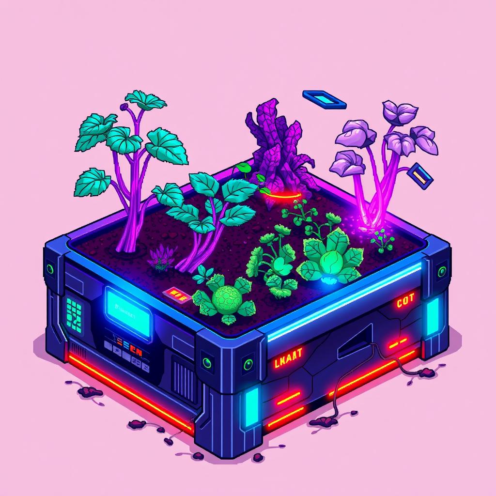 A pixel art representation of a cyberpunk garden bed, showcasing futuristic gardening elements like a high-tech raised bed with glowing neon lights and digital interfaces embedded into the sides