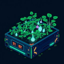 A pixel art representation of a cyberpunk garden bed, showcasing futuristic gardening elements like a high-tech raised bed with glowing neon lights and digital interfaces embedded into the sides