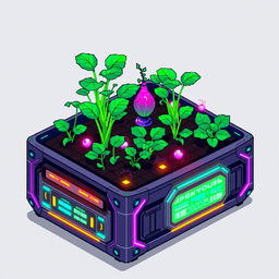 A pixel art representation of a cyberpunk garden bed, showcasing futuristic gardening elements like a high-tech raised bed with glowing neon lights and digital interfaces embedded into the sides