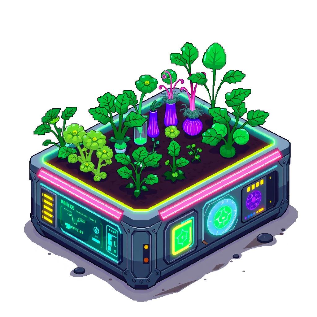 A pixel art representation of a cyberpunk garden bed, showcasing futuristic gardening elements like a high-tech raised bed with glowing neon lights and digital interfaces embedded into the sides