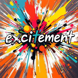 A bold and visually striking interpretation of the word "excitement," emphasizing vibrant colors, dynamic composition, and a sense of energy and movement, without any explicit content, incorporating abstract elements that evoke a feeling of intensity and passion