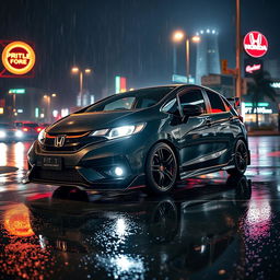 A modified Honda Fit GK7 with an RS body kit, parked on a slick, rain-soaked street at night