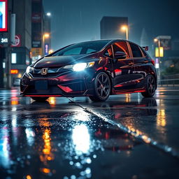 A modified Honda Fit GK7 with an RS body kit, parked on a slick, rain-soaked street at night