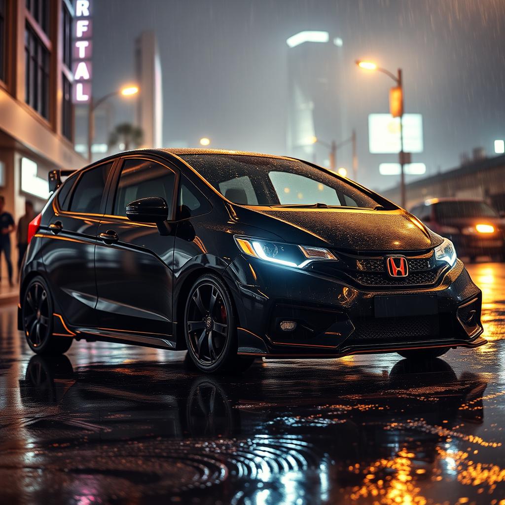 A modified Honda Fit GK7 with an RS body kit, parked on a slick, rain-soaked street at night