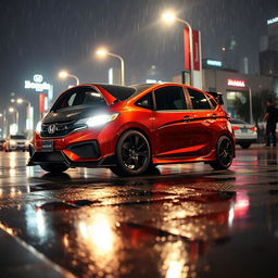 A modified Honda Fit GK7 with an RS body kit, parked on a slick, rain-soaked street at night