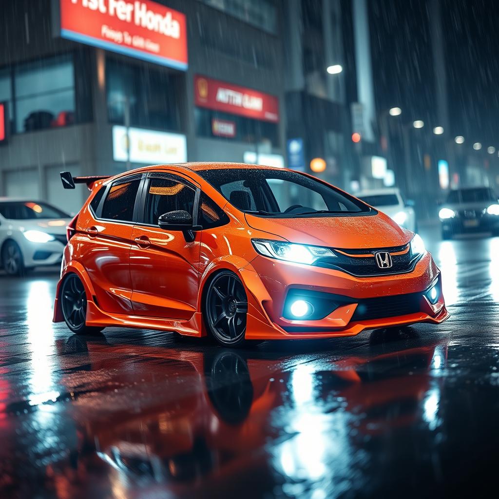 A modified Honda Fit GK7 with a widebody kit, showcased in a dramatic nighttime scene under the rain