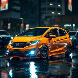 A modified Honda Fit GK7 with a widebody kit, showcased in a dramatic nighttime scene under the rain