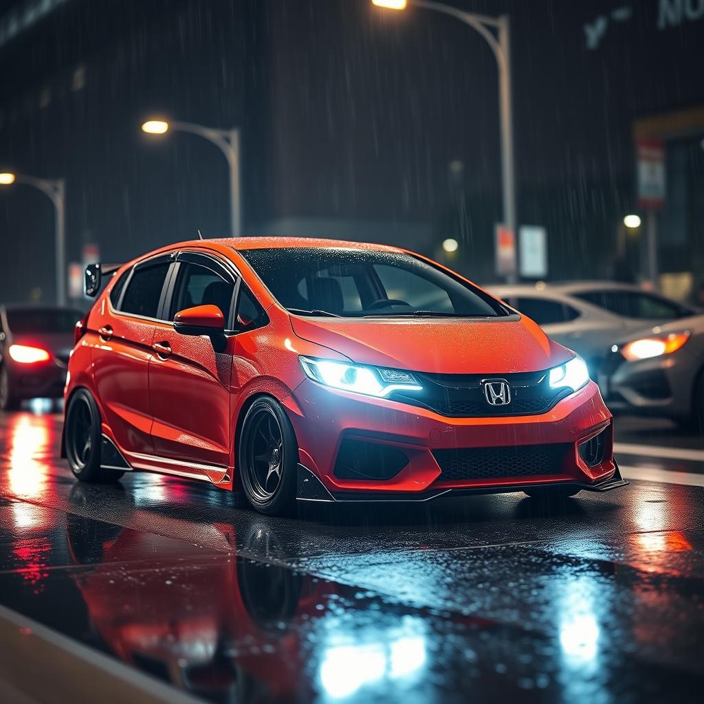 A modified Honda Fit GK7 with a widebody kit, showcased in a dramatic nighttime scene under the rain