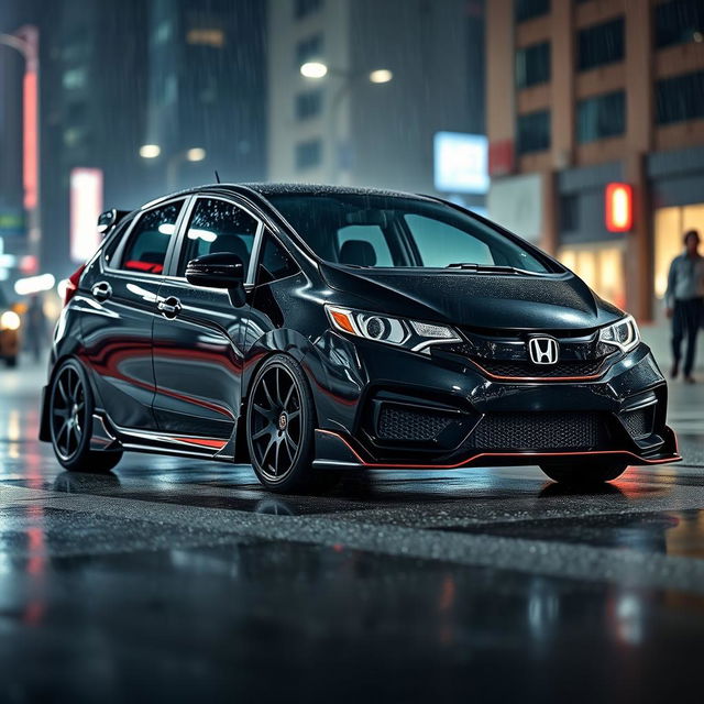 A sleek black Honda Fit GK7 with a widebody kit, glistening under the reflections of city lights amidst a gentle rain at night