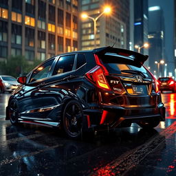 A sleek black Honda Fit GK7 with a widebody kit, glistening under the reflections of city lights amidst a gentle rain at night