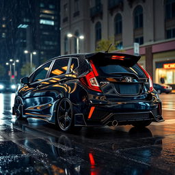 A sleek black Honda Fit GK7 with a widebody kit, glistening under the reflections of city lights amidst a gentle rain at night