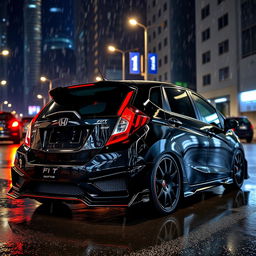 A sleek black Honda Fit GK7 with a widebody kit, glistening under the reflections of city lights amidst a gentle rain at night