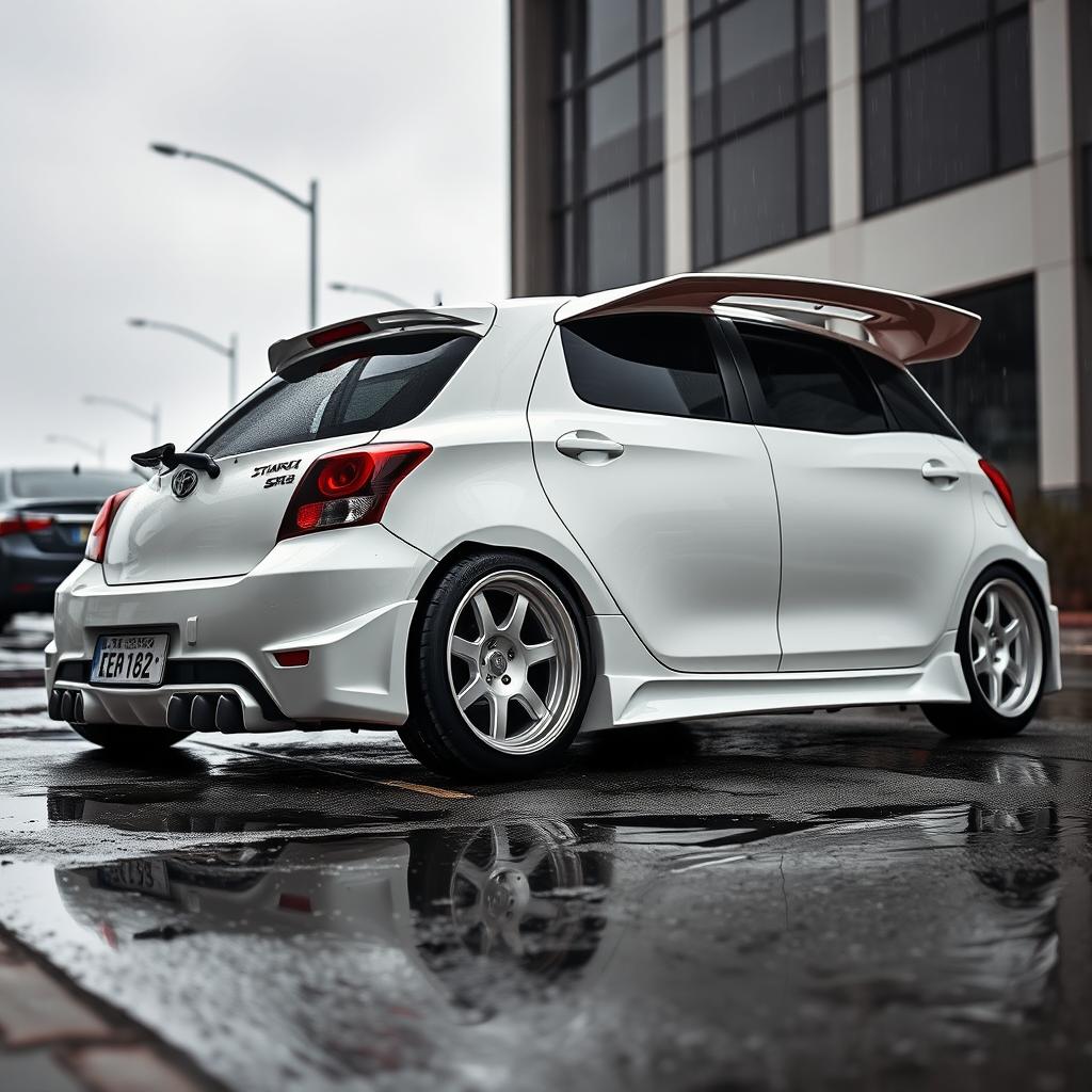 A white modified Toyota Starlet Glanza V EE91 parked on a wet street, glistening under the rain