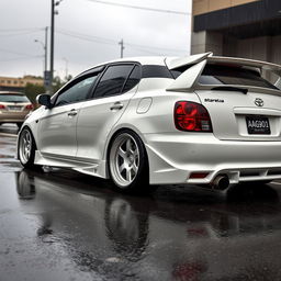 A white modified Toyota Starlet Glanza V EE91 parked on a wet street, glistening under the rain