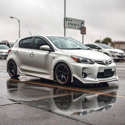 A white modified Toyota Starlet Glanza V EE91 parked on a wet street, glistening under the rain