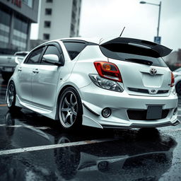 A white modified Toyota Starlet Glanza V EE91 parked on a wet street, glistening under the rain