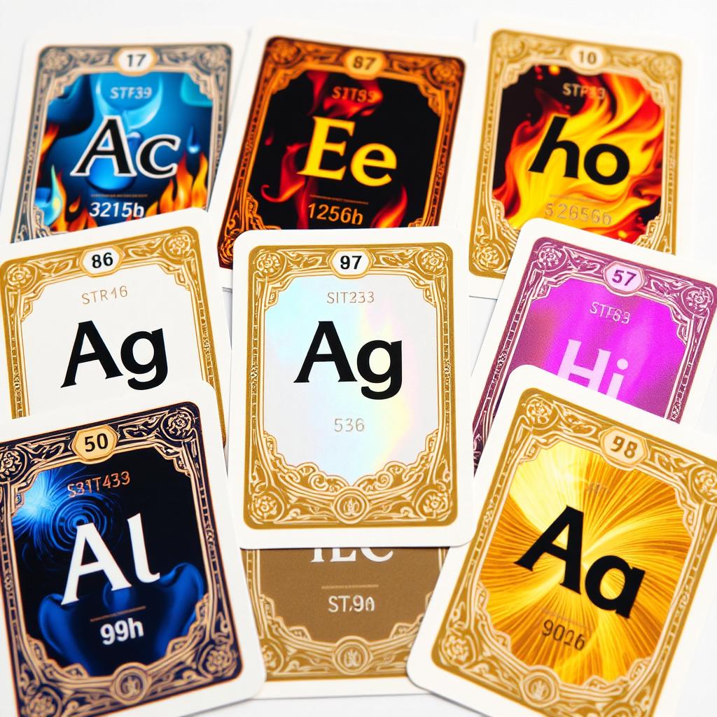 A collection of unique trading cards, each featuring a different element from the periodic table