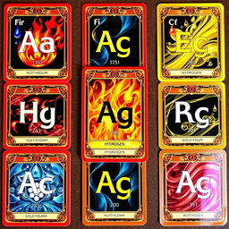 A collection of unique trading cards, each featuring a different element from the periodic table