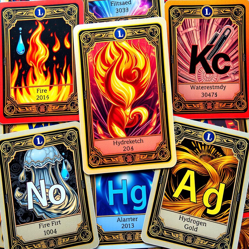 A collection of unique trading cards, each featuring a different element from the periodic table