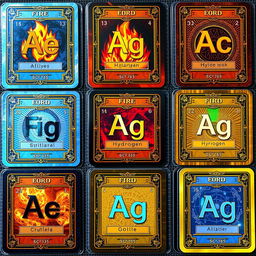 A collection of unique trading cards, each featuring a different element from the periodic table