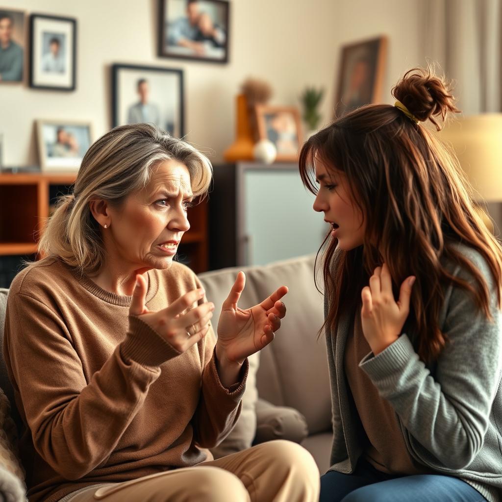 An intense yet relatable scene of a white mother and her young adult daughter embroiled in a spirited argument