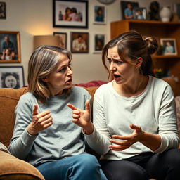 An intense yet relatable scene of a white mother and her young adult daughter embroiled in a spirited argument