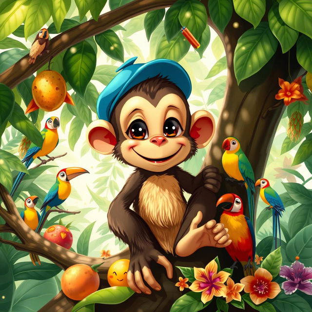 A mischievous monkey named Petovich sitting in a tree, surrounded by lush green jungle foliage and colorful tropical birds