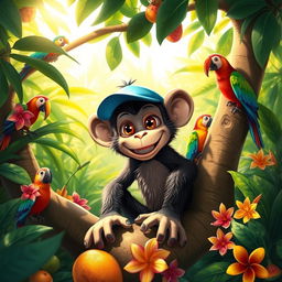 A mischievous monkey named Petovich sitting in a tree, surrounded by lush green jungle foliage and colorful tropical birds