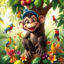 A mischievous monkey named Petovich sitting in a tree, surrounded by lush green jungle foliage and colorful tropical birds