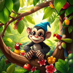 A mischievous monkey named Petovich sitting in a tree, surrounded by lush green jungle foliage and colorful tropical birds